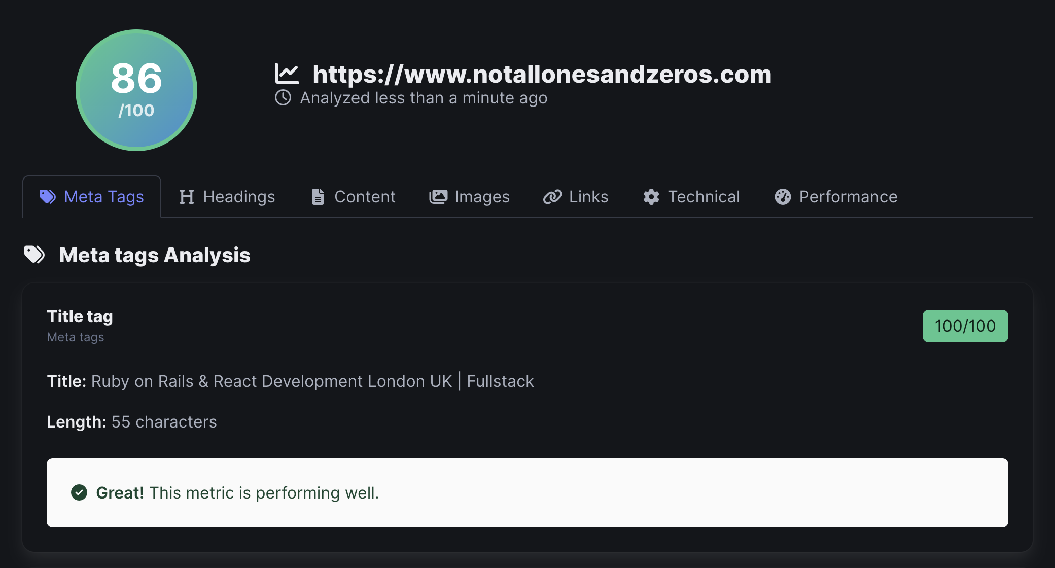 SEO Analyzer results display